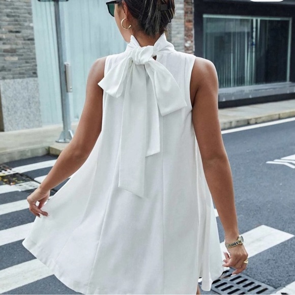White Chic Womens Tie Back High Neck Tank Mini Dress - Picture 3 of 7
